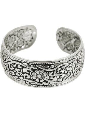 Vintage Carved Flower Cuff Bracelet for Women | Adjustable Wide Bangle Armlet